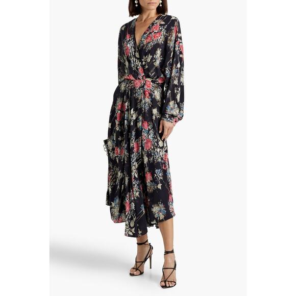 NWT IRO Paris Aleyna Wrap-Effect Floral-Print Satin Midi Dress Size 32 / 0 - Picture 1 of 4